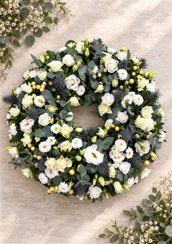 Funerals & Sympathy | White Wreath with Eucalyptus