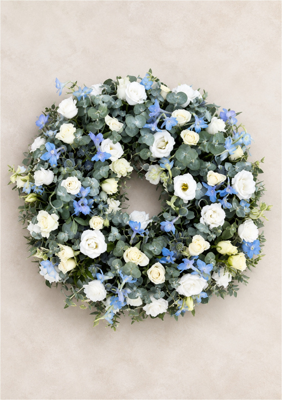 Funerals & Sympathy | Eucalyptus wreath with white and blue
