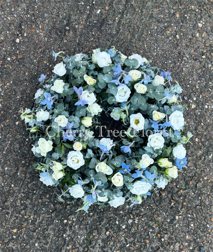 Funerals & Sympathy | Eucalyptus wreath with white and blue
