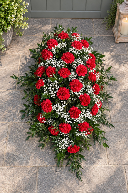 Funerals & Sympathy | Red Carnation Coffin Spray with trailing foliage