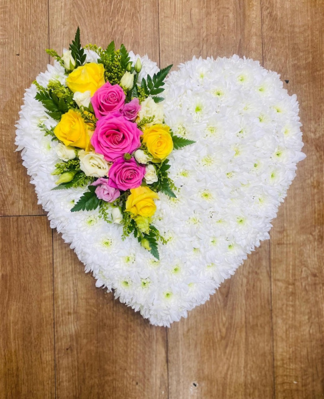 Funeral | Yellow and pink roses solid heart