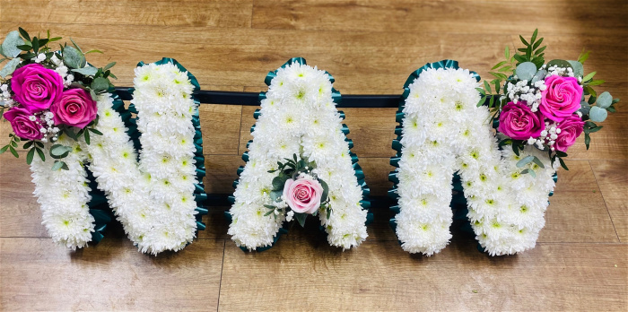 Funeral | NAN- white,pink and green funeral lettering