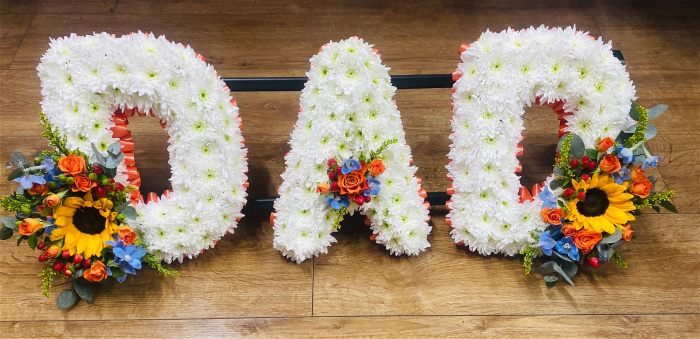 Funeral | Colourful Massed DAD Letters with Mixed Flower Spray