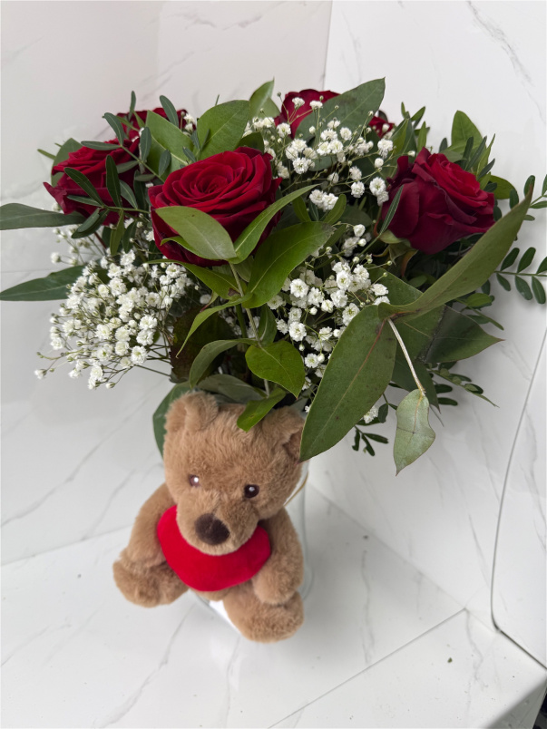 Valentines | Six Red Roses Bouquet in Vase with Teddy Bear