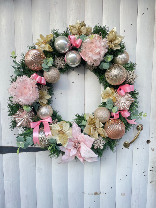 Christmas Artificial Flowers | Pink & Gold Wreath