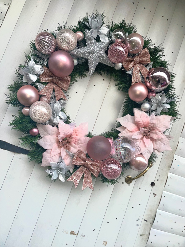 Christmas Artificial Flowers | Pink & Silver Wreath