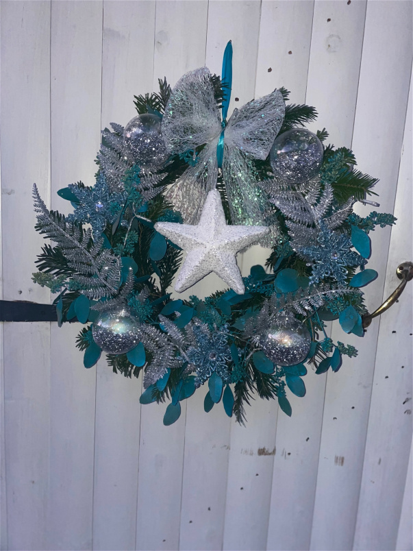 Christmas Artificial Flowers | Silver & Teal Wreath