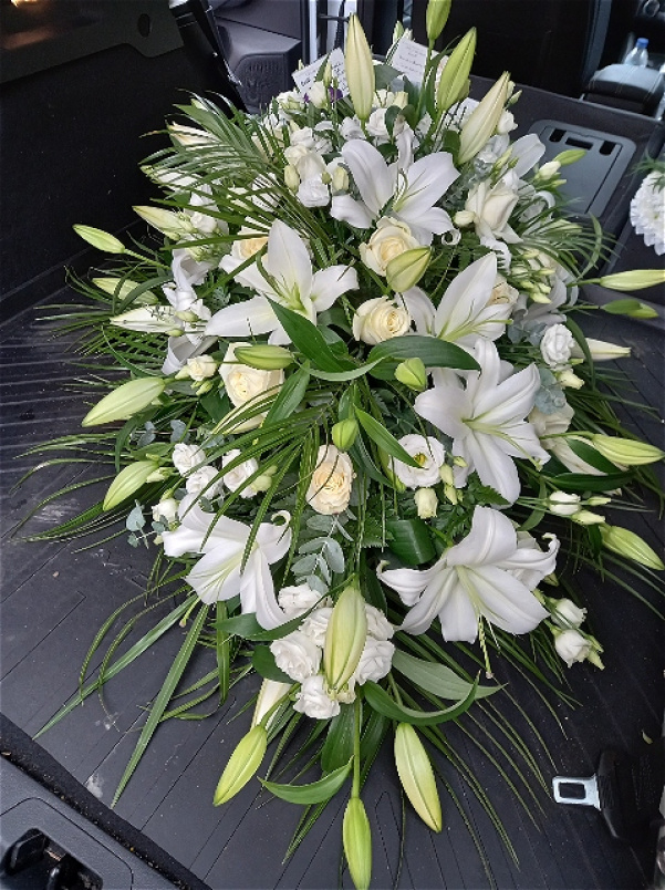 Casket Sprays | Funeral & Sympathy | Coffin spray of oriental lilies and roses (Available in various colours)