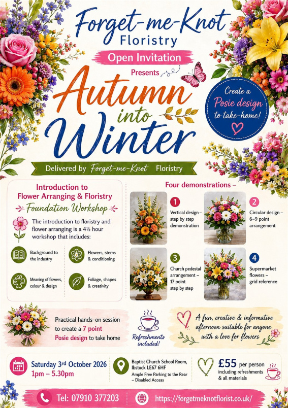 Flower Workshops | Floristry Masterclass Autumn into Winter Venue Ibstock OCTOBER 2026