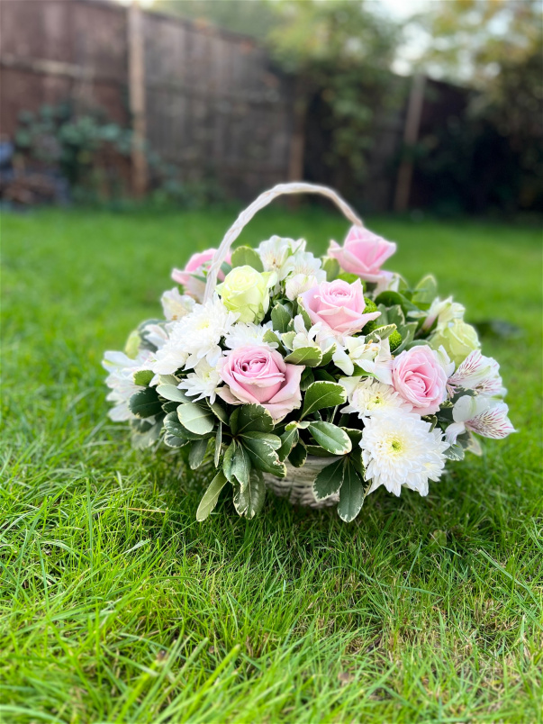 Arrangements | Sympathy Flowers | White and pink flower basket