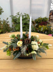 Festive florals | Christmas table centre in tin with double candle. 2 colour choices.