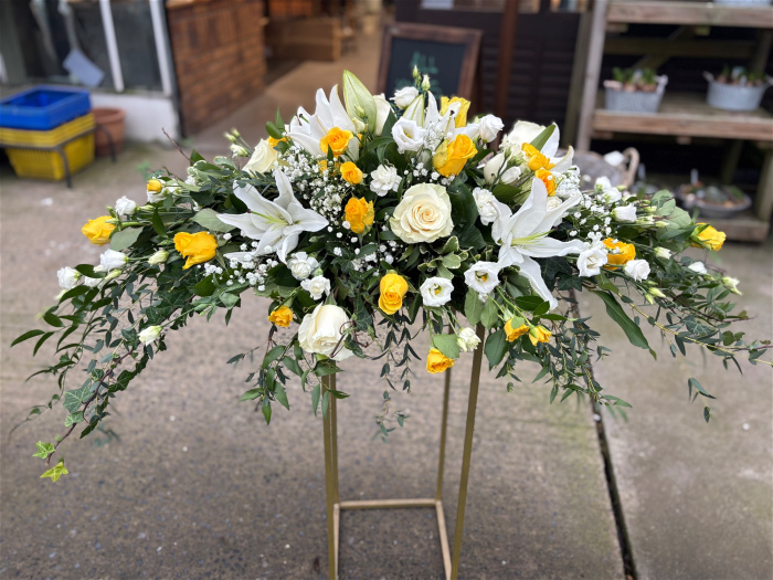 Casket sprays | Funeral Tributes | White and yellow coffin spray