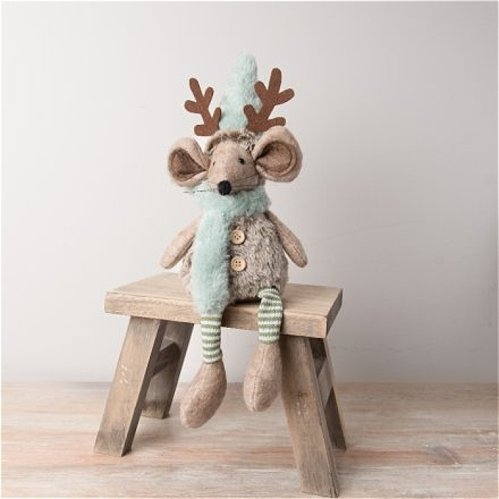 Christmas | Sitting Mouse with Antlers & Scarf, 40cm (Blue)