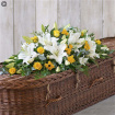 Funeral Flowers | Yellow Rose and White Lily Casket Spray