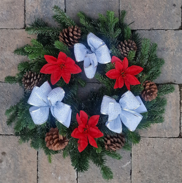 Christmas | Funeral Tributes | Red Poinsettia & White Bow Grave Wreath