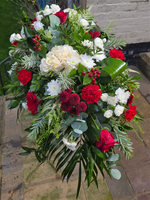 Funeral Tributes | Red & White Casket Spray