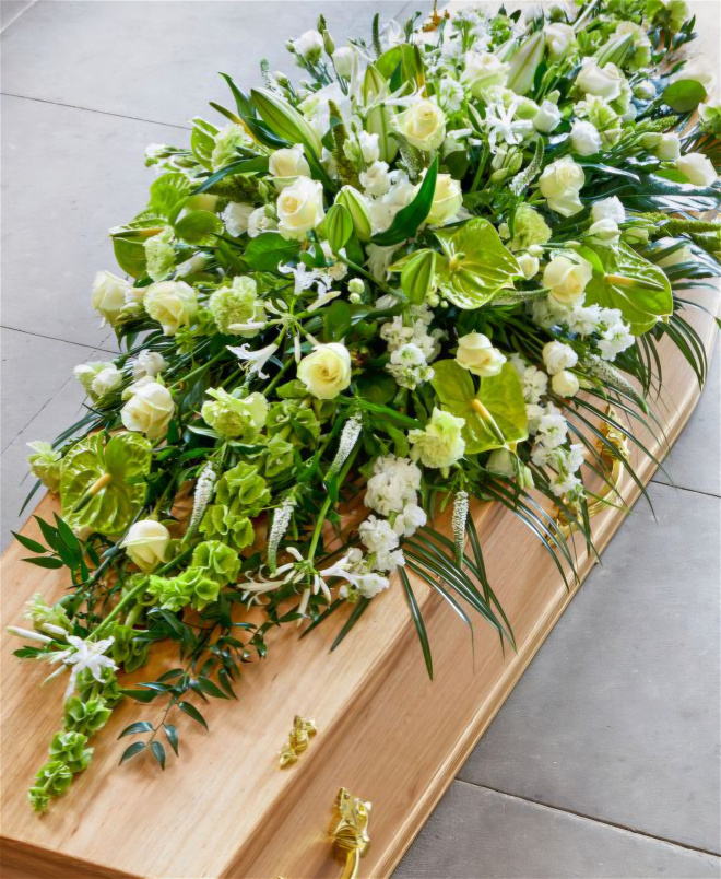 Funeral sprays | funeral tribute | White and Green Casket Spray