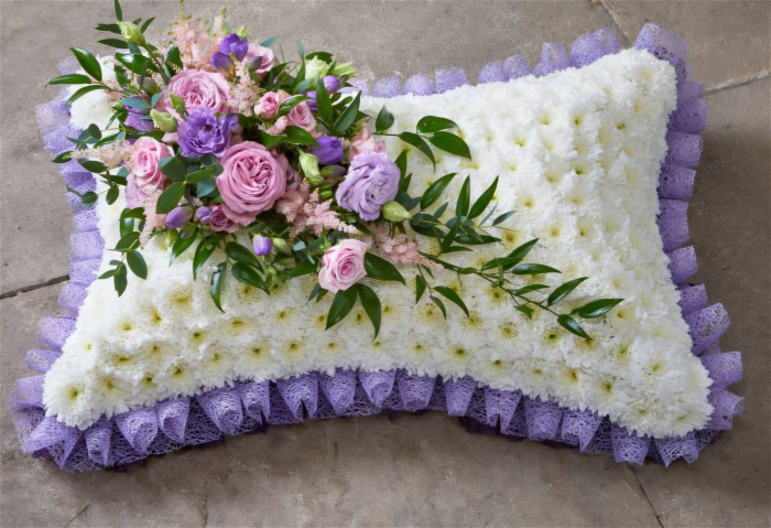 funeral tribute | Pillow Tributes | Funeral Pillow Tribute with White Chrysanthemums and Pink Roses