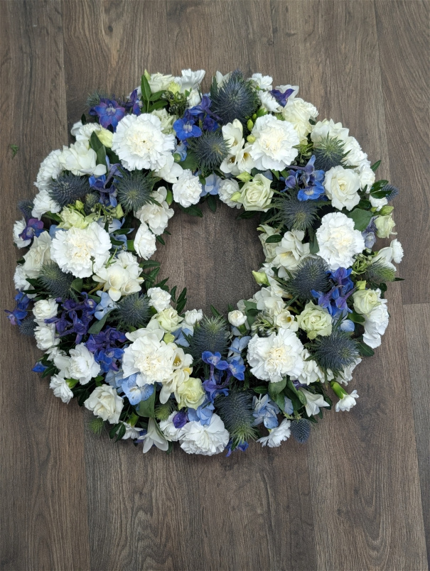 Funeral Flowers | Funeral Wreaths | Blue and White wreath