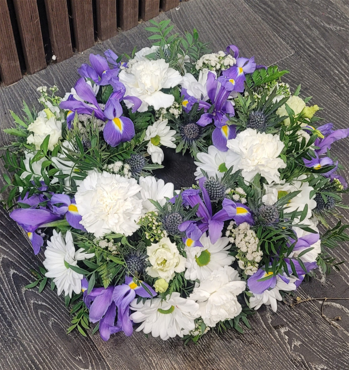 Funeral Flowers | Funeral Wreaths | White and Blue wreath