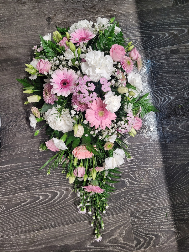 Funeral Flowers | Funeral Sprays | Pink & White teardrop spray
