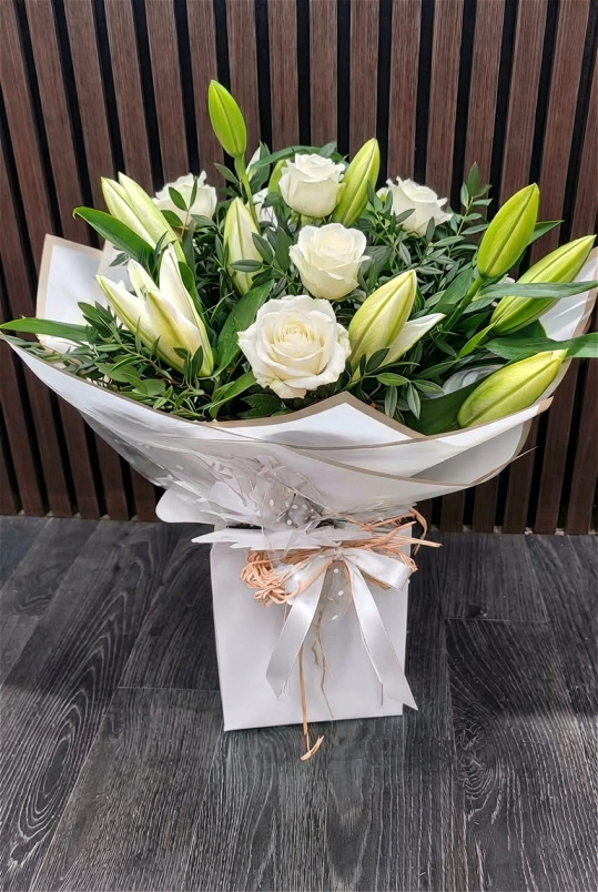 Fresh Flowers | Mother's Day | White Lily and white rose bouquet.