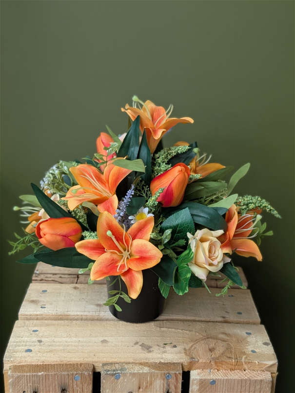 Artificial Grave Pots | Funeral Flowers | Orange Artificial flower Grave pot