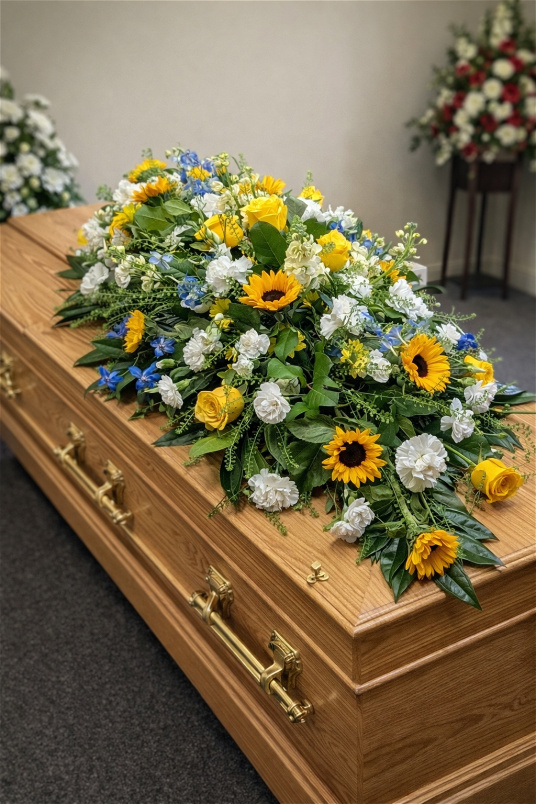 Funeral Flowers | Funeral Sprays | Sunflower and rose coffin spray
