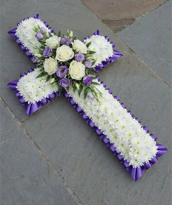 Funeral crosses | Funeral Flowers | Purple and white Massed Cross