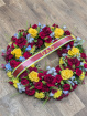 Funeral Flowers | Funeral Wreaths | Burgandy, yellow and blue wreath