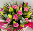 Bouquets | Mother's Day | Lilies, Roses & Greenery Aqua Bag
