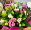 Bouquets | Mother's Day | Lilies, Roses & Greenery Aqua Bag