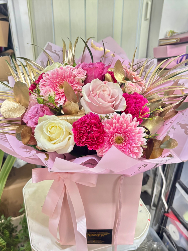 Anniversary Bouquets | Bespoke Bouquets | Pink & Gold - Florist Choice