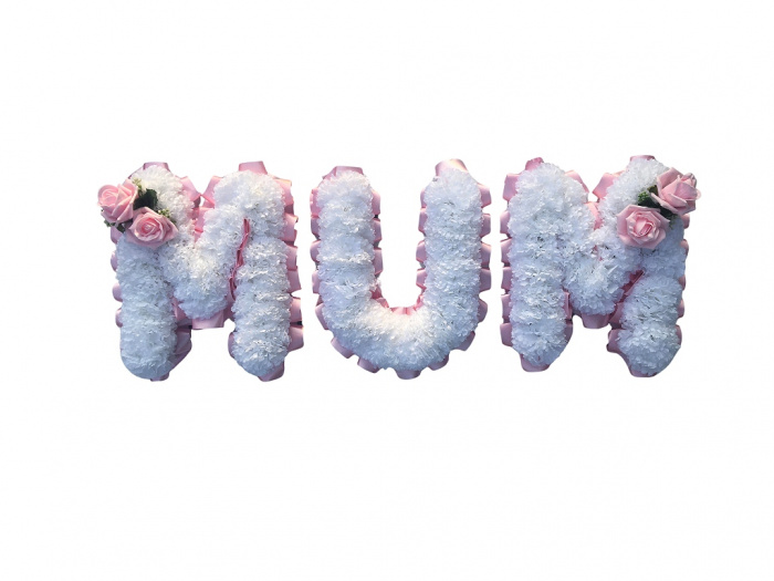 NAME/LETTERS | Mum Letters White Carnation Pink Ribbon