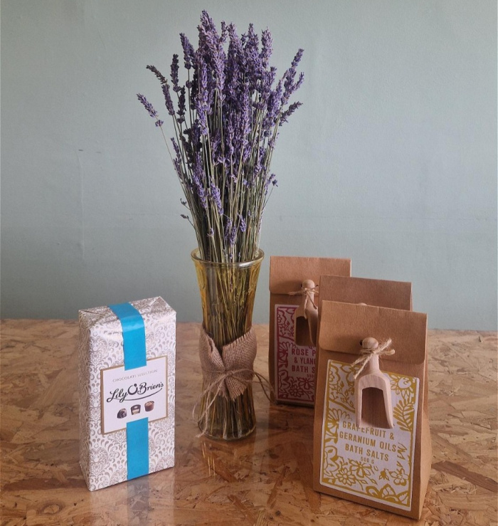 Fresh Flowers | Plants / Living life Greener | Lavender Vase With Chocolates & Baths Salts