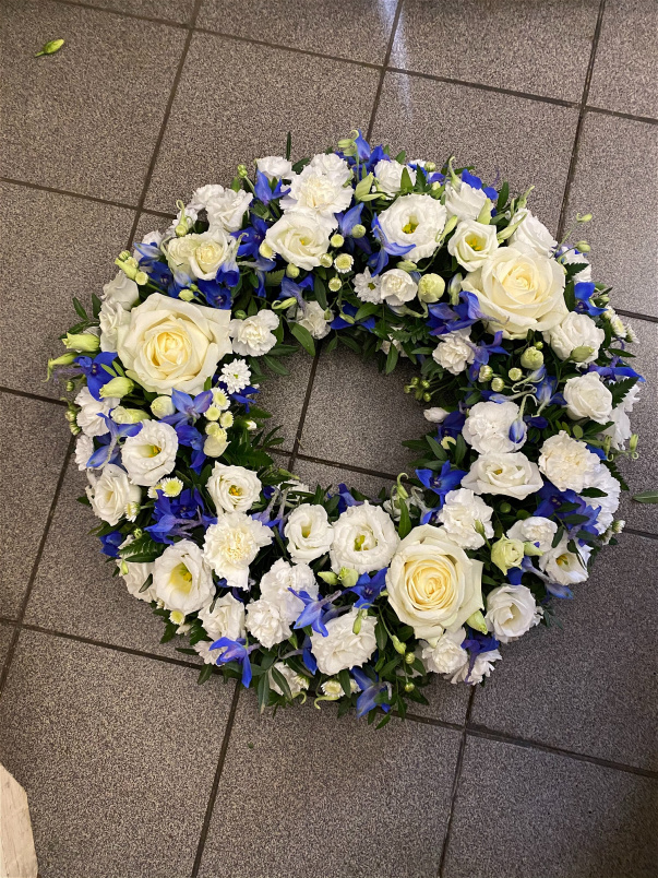 Funeral and Sympathy - 3 days notice required | Blue and white mixed  wreath