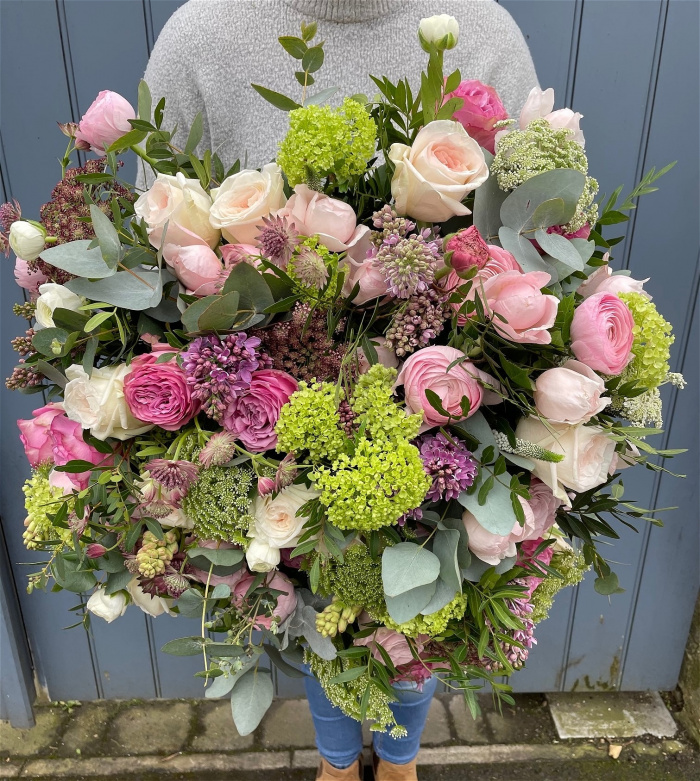 Pastel roses with eucalyptus