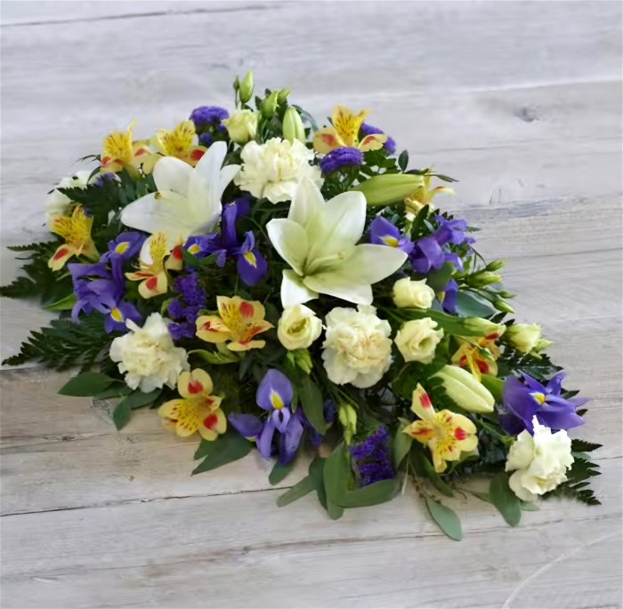 Funeral Flowers | Sympathy | Yellow & Blue Teardrop Spray