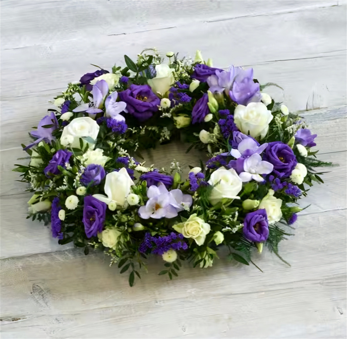 Funeral Flowers | Sympathy | Purple and White Wreath