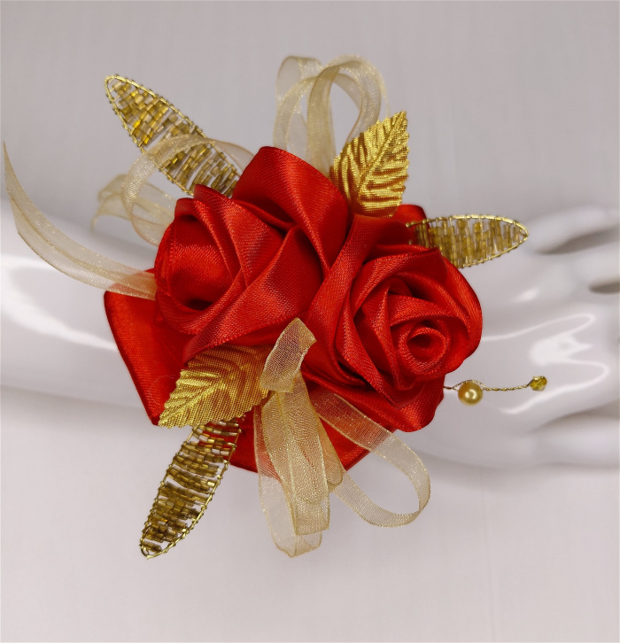 Debs Corsage | Gifts | Artificial Red & Gold Debs Wrist Corsage