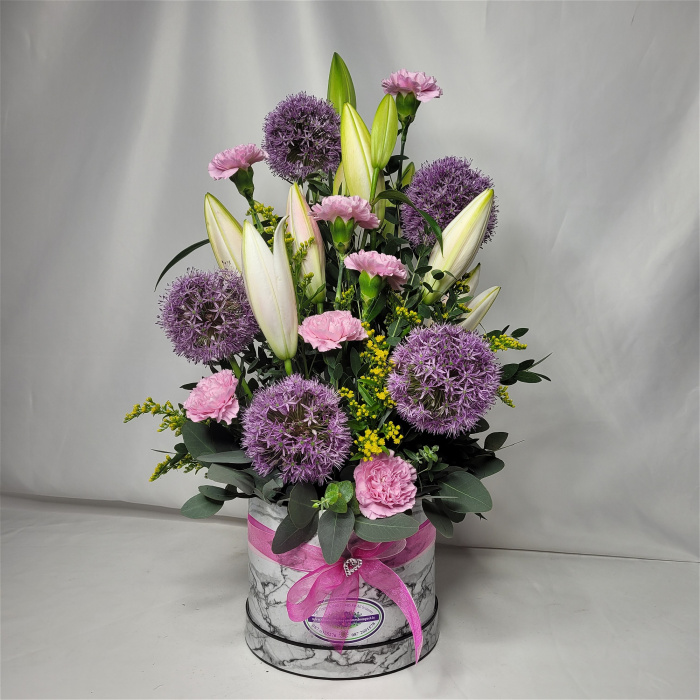 Arrangements | Corporate | Gifts | Mother's Day | Upright Floral Hat Box Arrangement