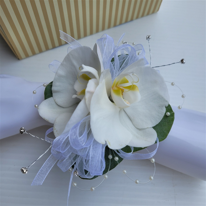 Debs Corsage | Gifts | Fresh White Orchid & White Organza Wrist Corsage