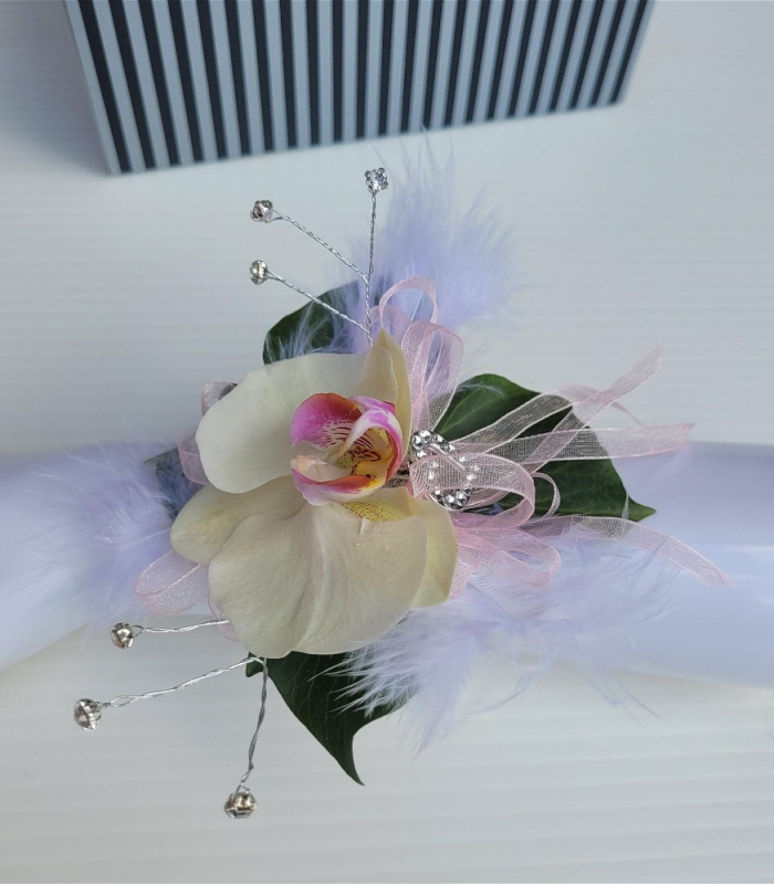Debs Corsage | Gifts | Feather & Pink Ribbon Corsage