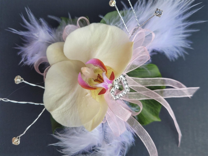 Debs Corsage | Gifts | Feather & Pink Ribbon Debs Wrist Corsage on Pearl Bracelet