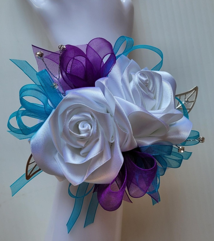 Debs Corsage | Teal & Purple Satin Corsage