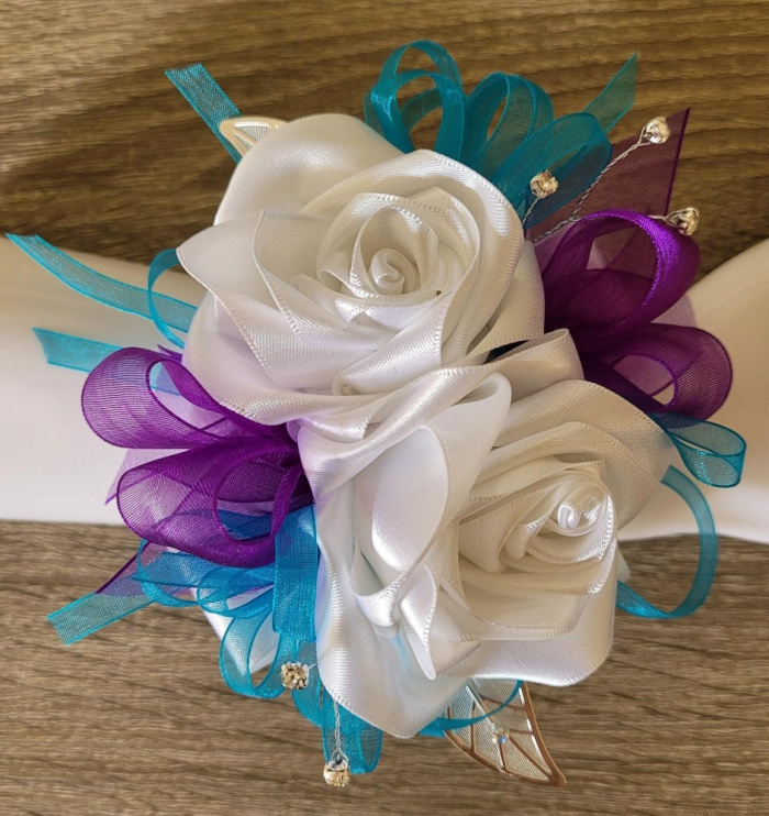 Debs Corsage | Artificial White Rose with Teal & Purple Organza Debs Wrist Corsage