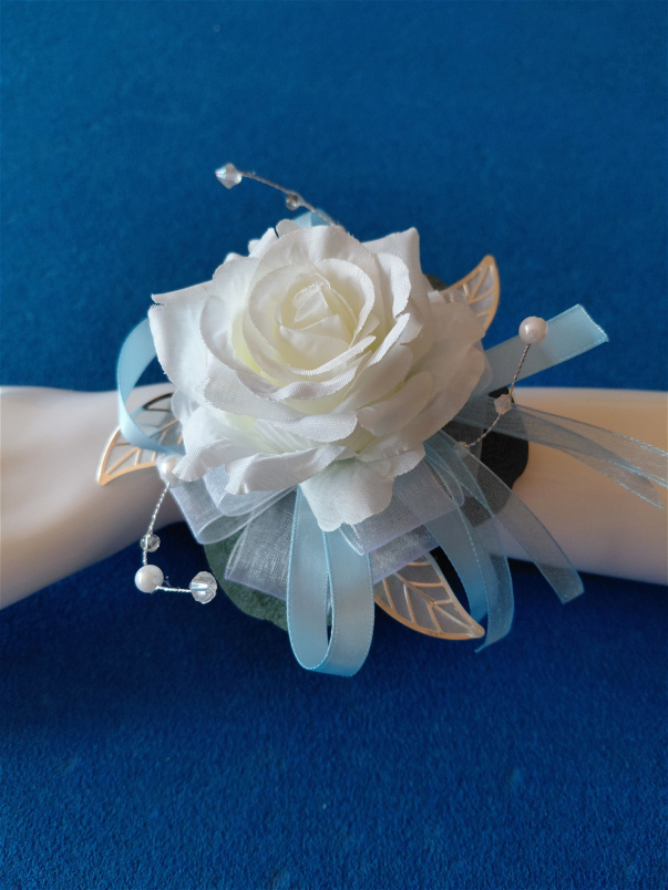 Debs Corsage | Gifts | Artificial White Rose Debs Wrist Corsage with Silver Bling & Baby Blue Ribbon