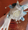 Debs Corsage | Gifts | Artificial White Rose Debs Wrist Corsage with Silver Bling & Baby Blue Ribbon