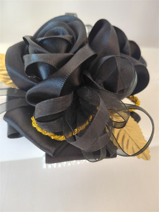 Debs Corsage | Gifts | Artificial Black Rose & Gold Debs Wrist Corsage