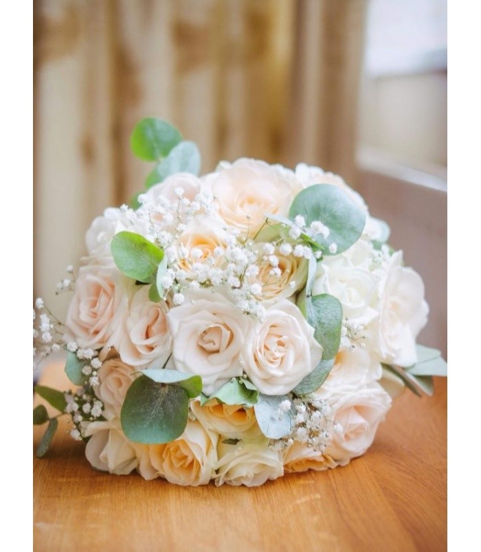 Weddings | Peach Rose and Eucalyptus Bouquet